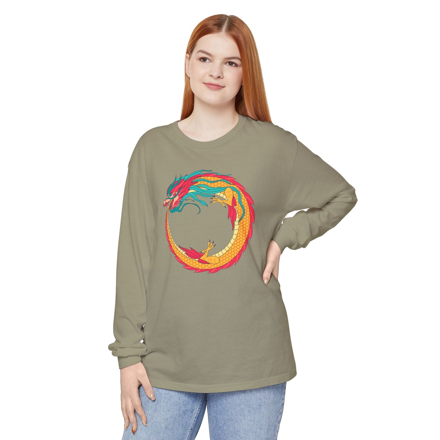 CUSTOM ORDER! Vibrant Dragon Long Sleeve Tee, Unisex Graphic Shirt, Casual Wear, Gifts for Men and Women, Music Festival Apparel, Boho Style Top