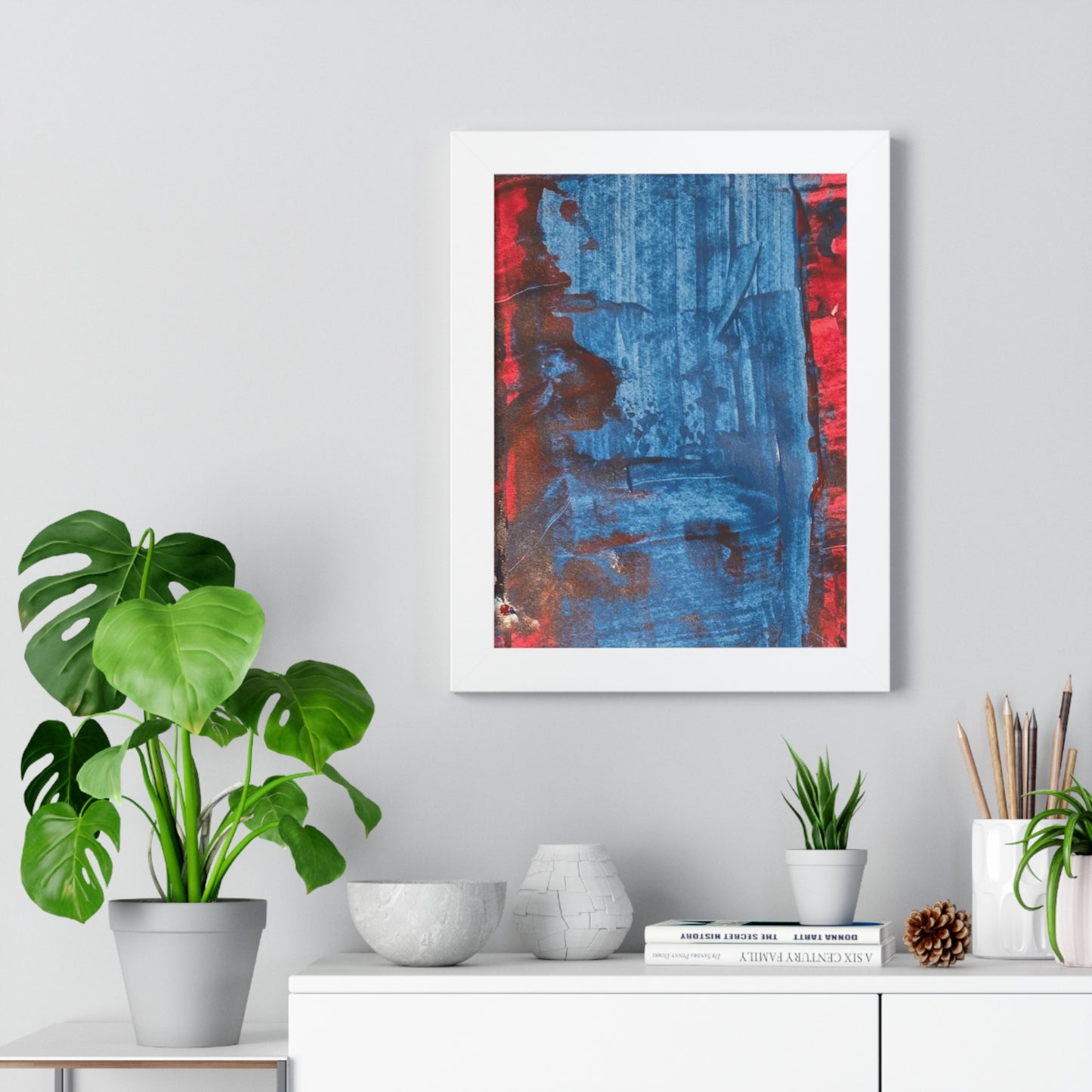 Interplay I Framed Poster — Red and Blue Abstract Wall Art