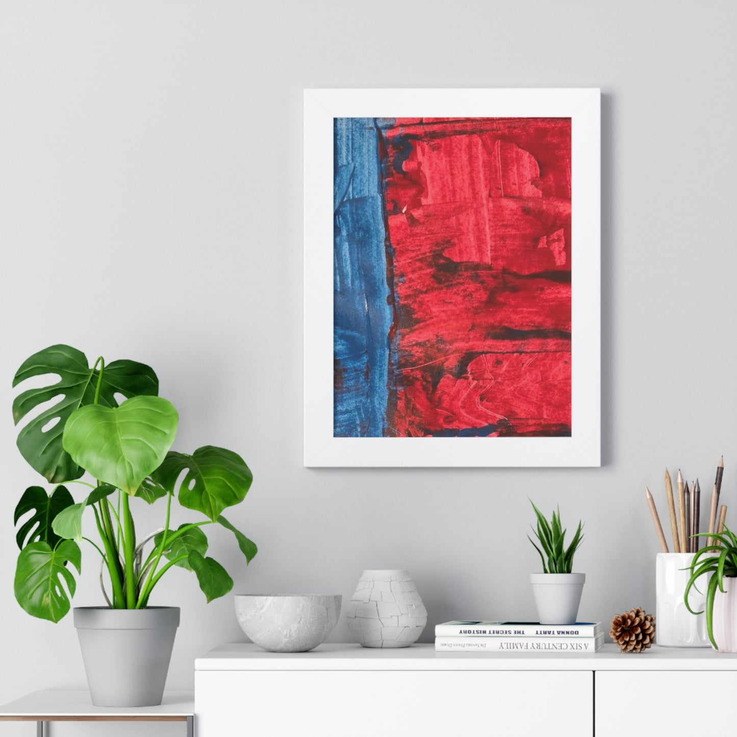 Interplay II Framed Vertical Poster — Blue & Red Abstract Wall Art