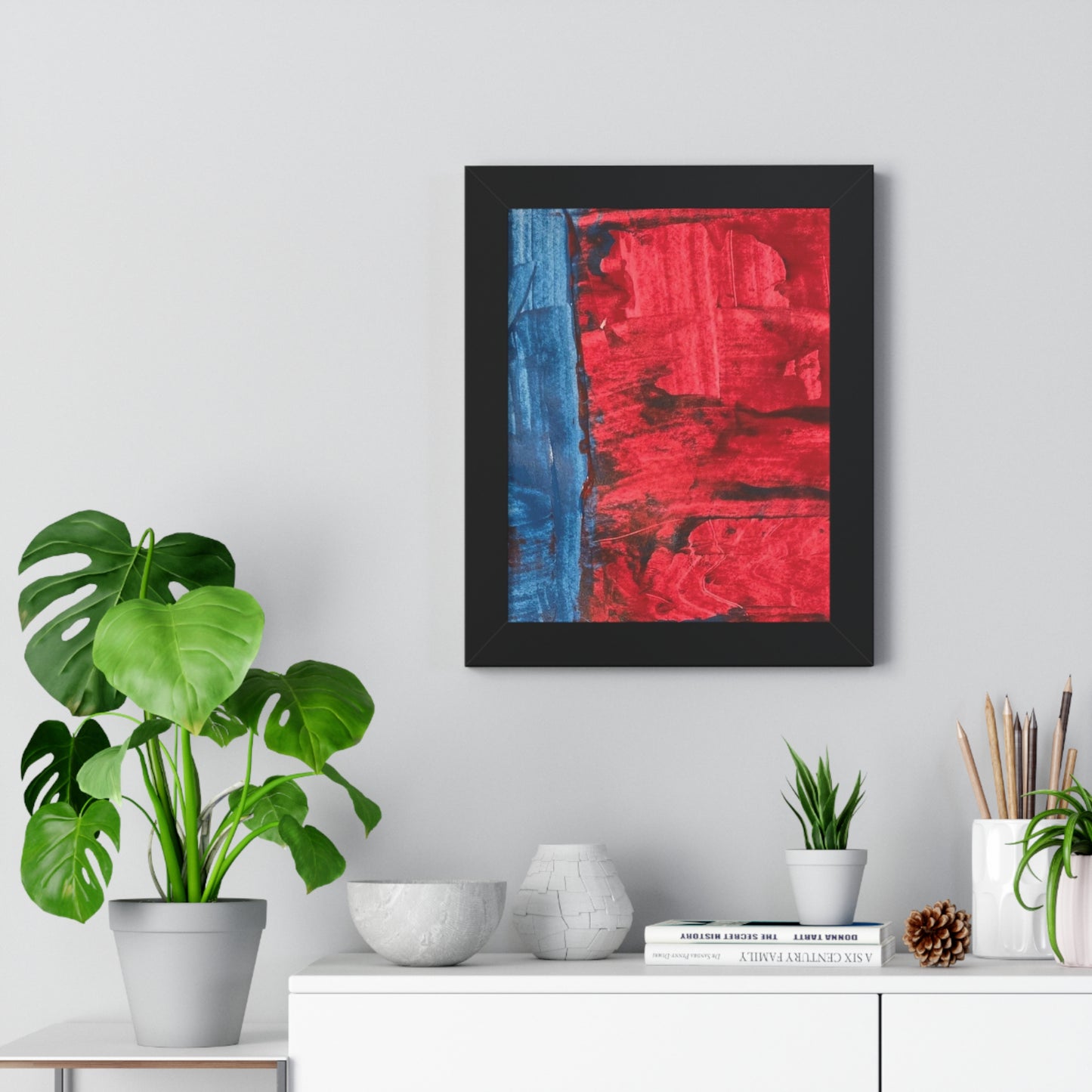 Interplay II Framed Vertical Poster — Blue & Red Abstract Wall Art