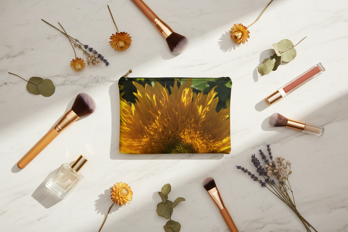 Sunflower Bee Accessory Pouch — Floral Zip Cosmetic Bag
