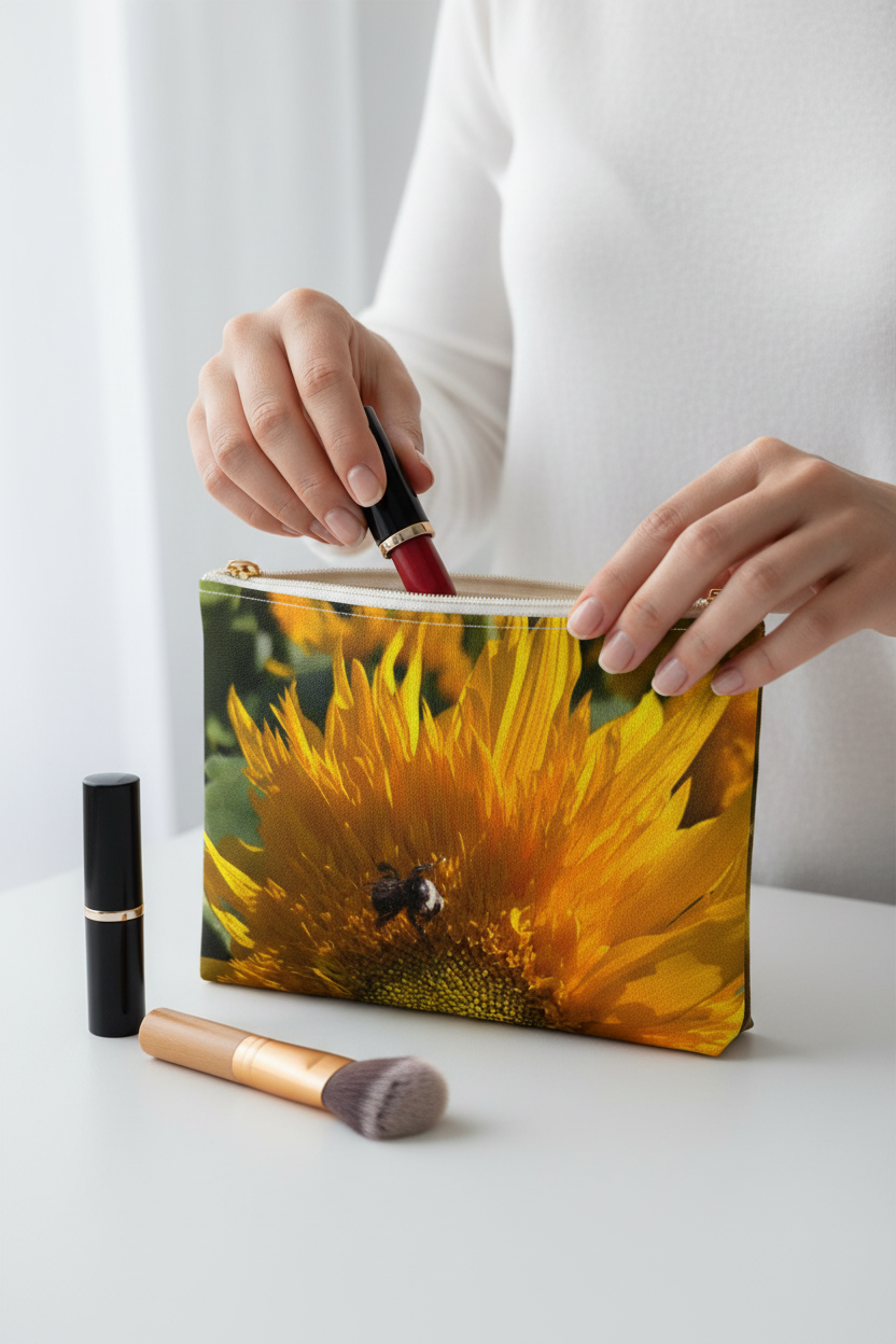 Sunflower Bee Accessory Pouch — Floral Zip Cosmetic Bag
