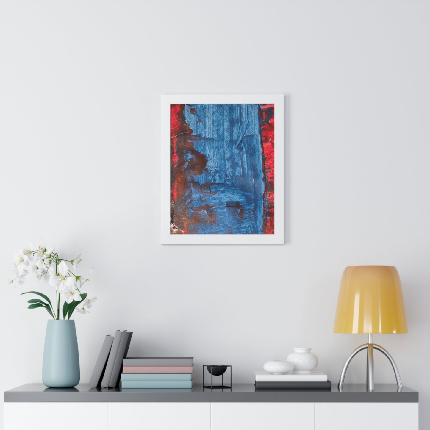 Interplay I Framed Poster — Red and Blue Abstract Wall Art