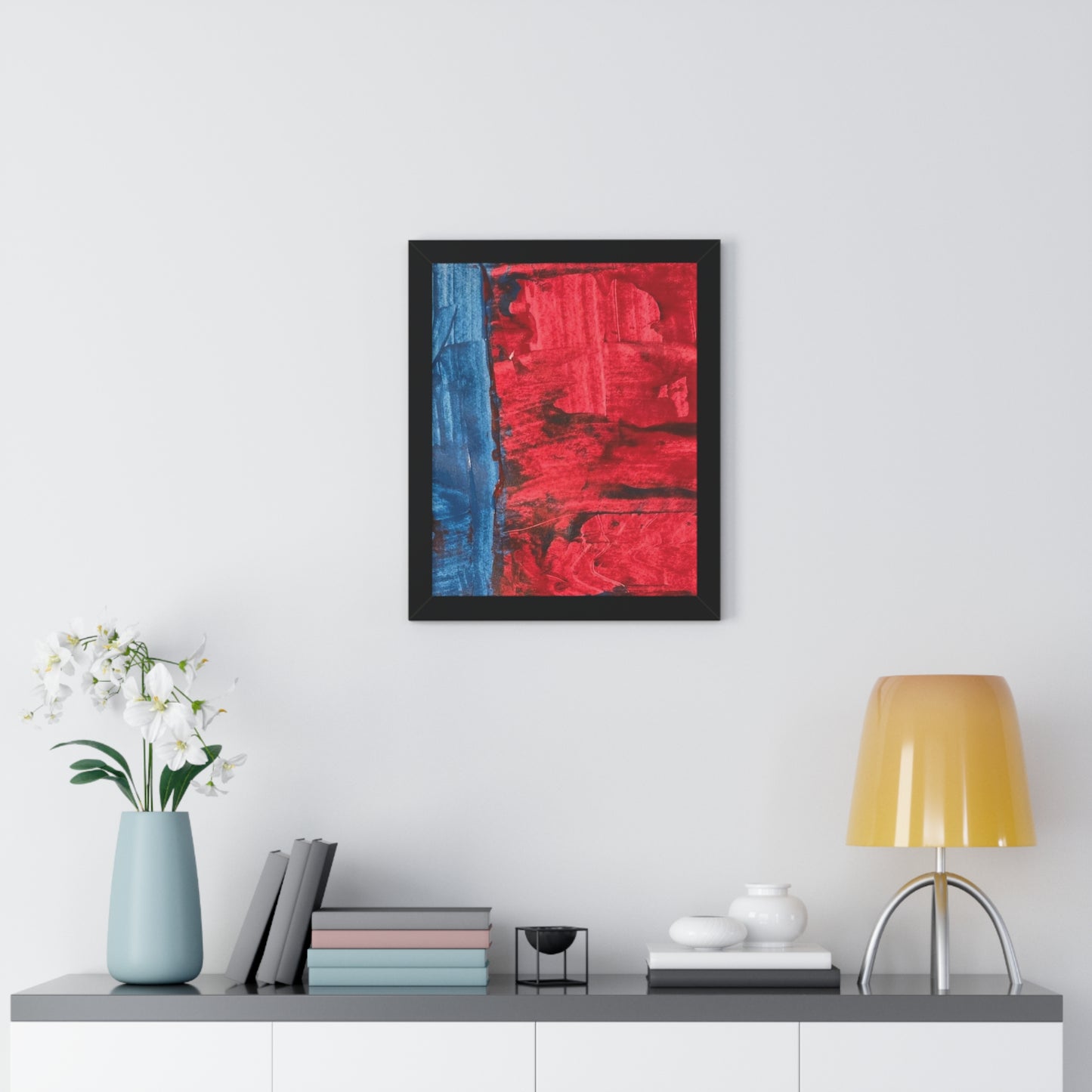 Interplay II Framed Vertical Poster — Blue & Red Abstract Wall Art