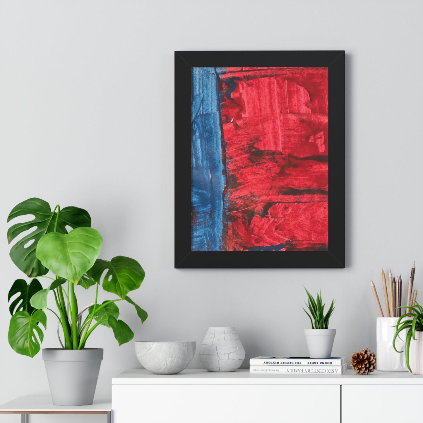 Interplay II Framed Vertical Poster — Blue & Red Abstract Wall Art