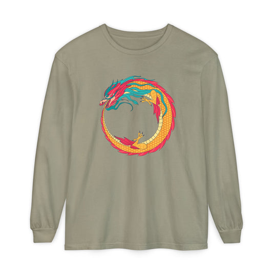 CUSTOM ORDER! Vibrant Dragon Long Sleeve Tee, Unisex Graphic Shirt, Casual Wear, Gifts for Men and Women, Music Festival Apparel, Boho Style Top
