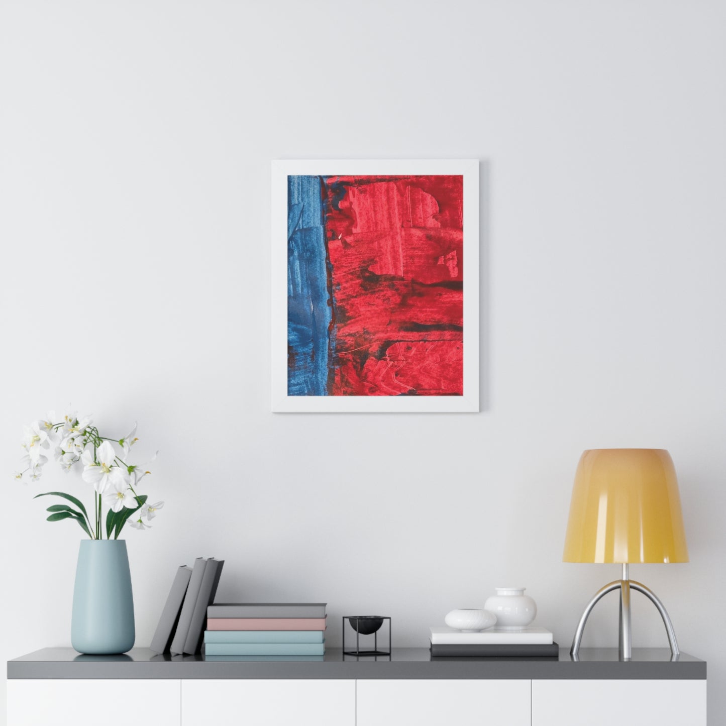 Interplay II Framed Vertical Poster — Blue & Red Abstract Wall Art
