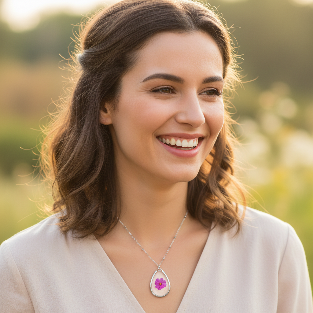 Teardrop Necklace Pink Cosmos Flower Pendant