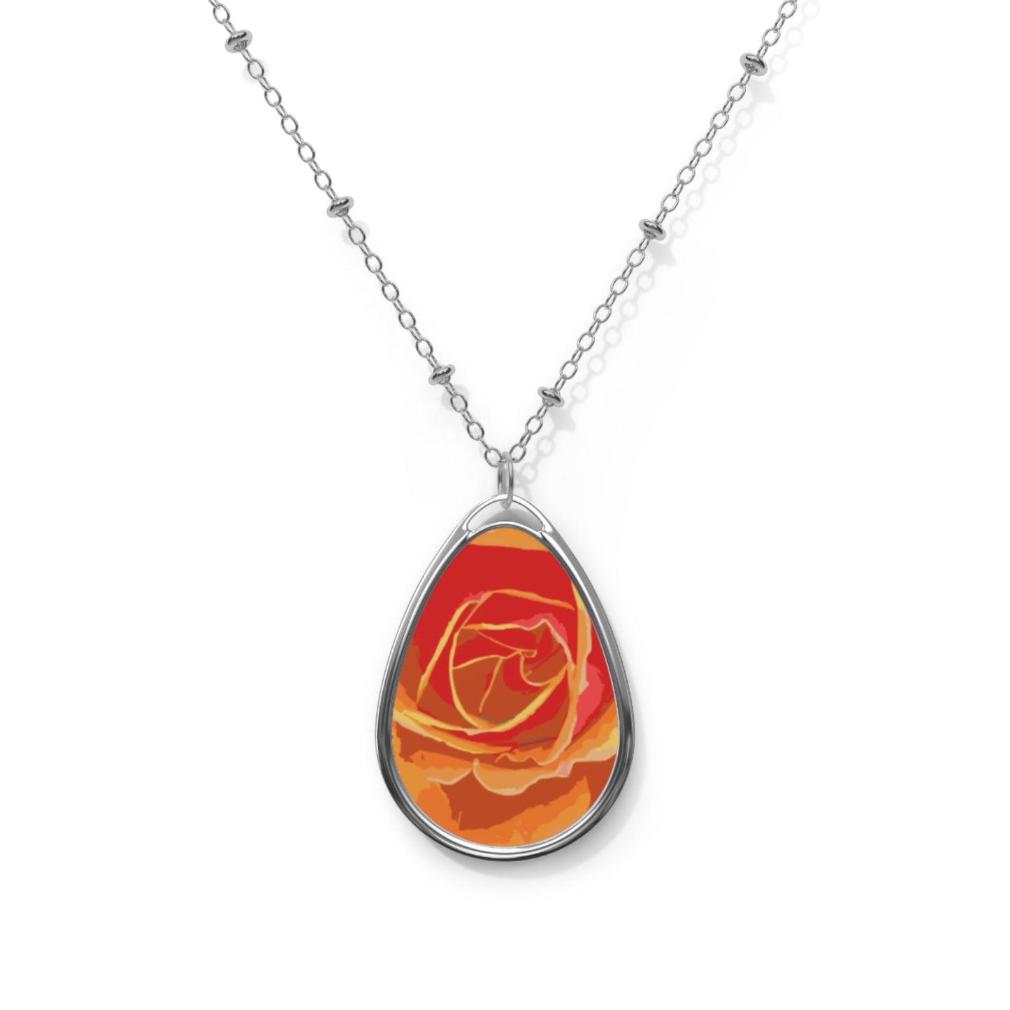 Oval Rose Pendant Necklace - Orange Rose Teardrop Necklace