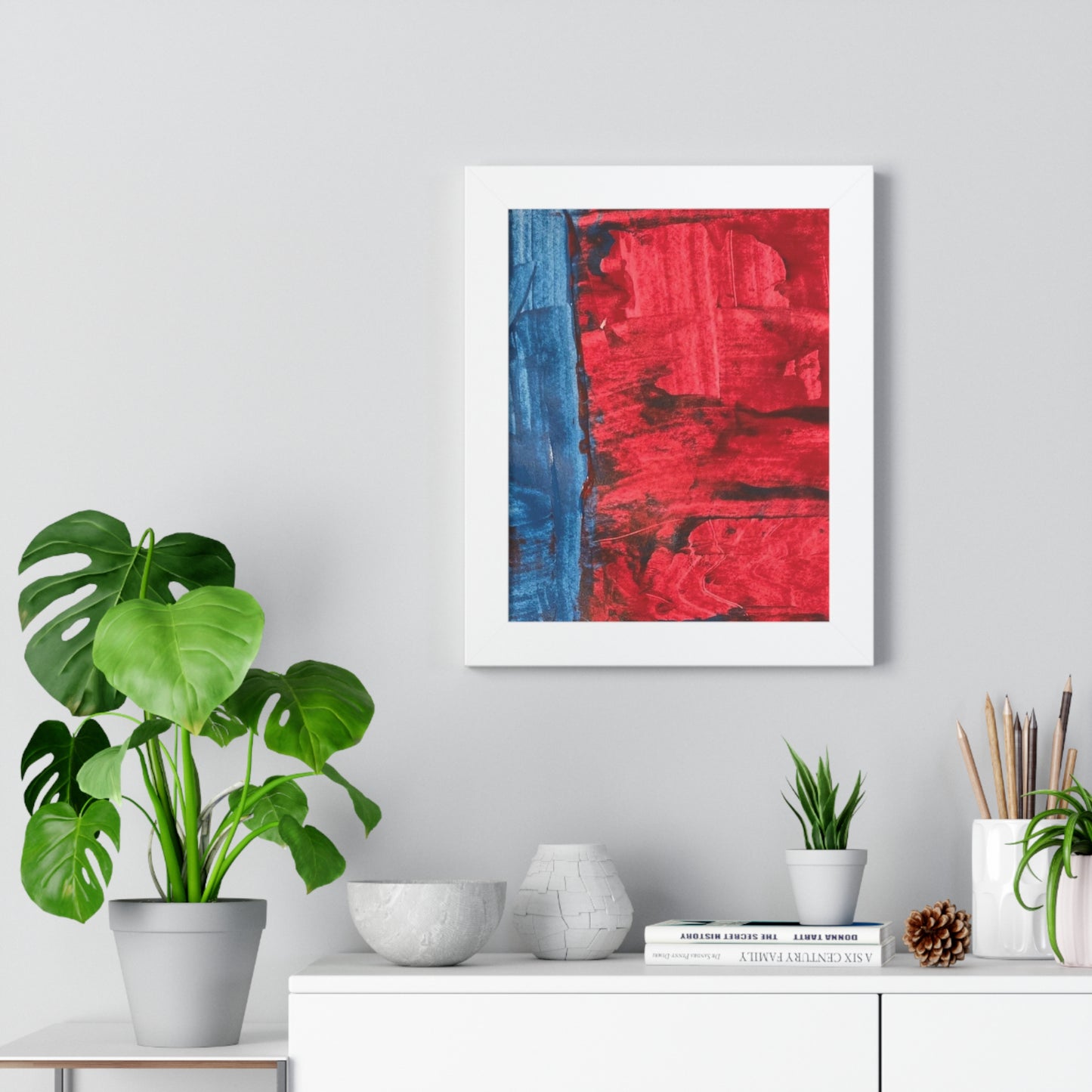Interplay II Framed Vertical Poster — Blue & Red Abstract Wall Art