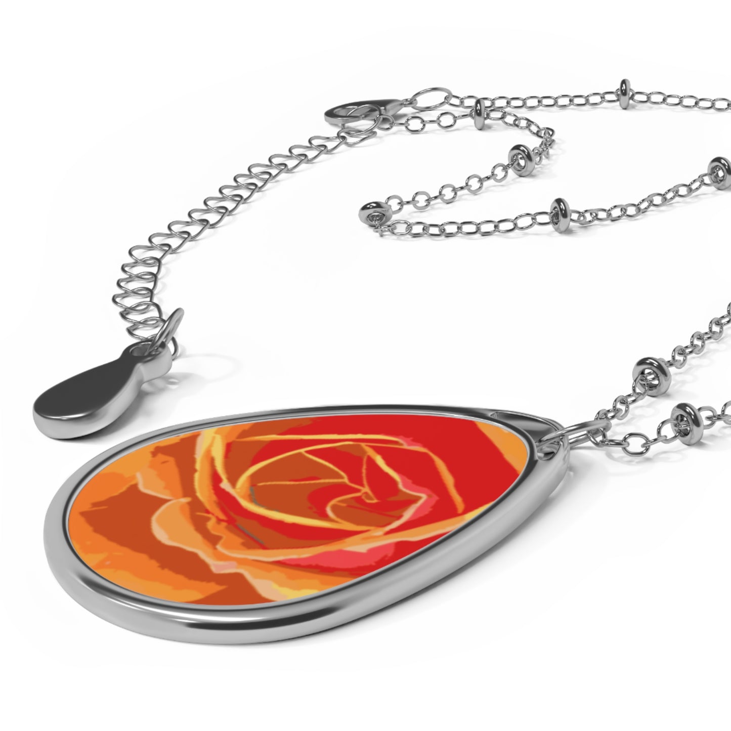 Oval Rose Pendant Necklace - Orange Rose Teardrop Necklace