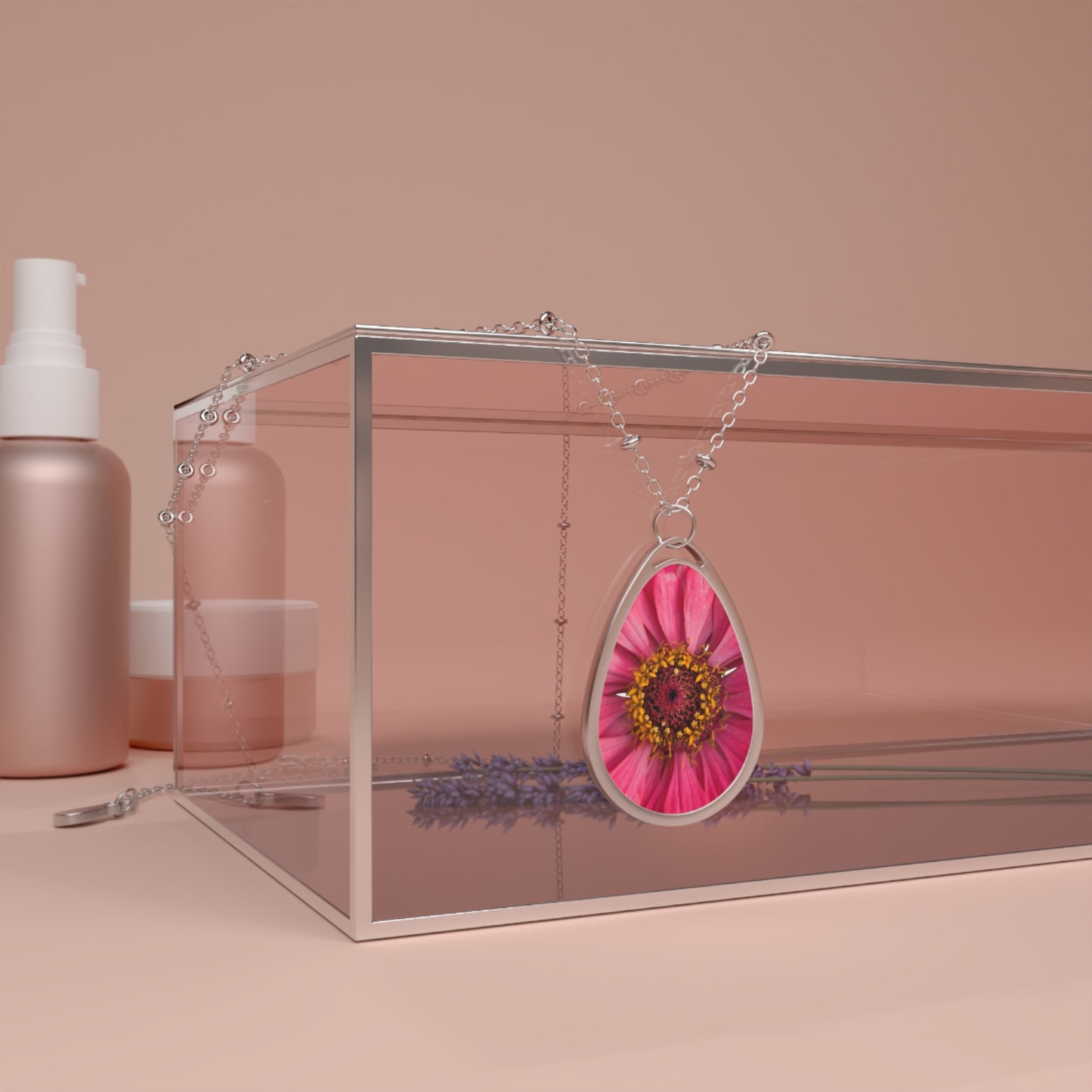 Oval Floral Pendant Necklace — Pink Daisy Teardrop Necklace