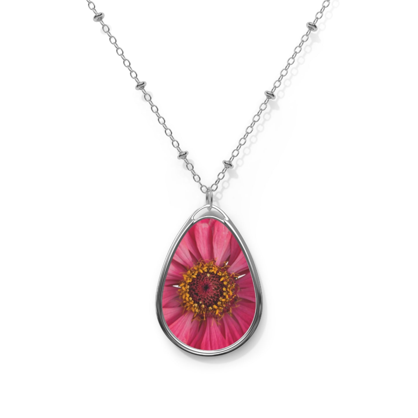 Oval Floral Pendant Necklace — Pink Daisy Teardrop Necklace