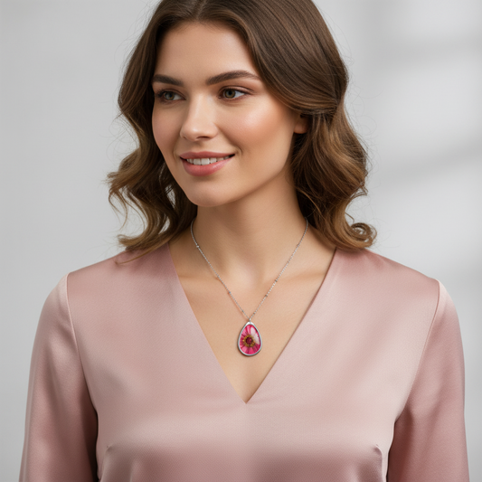Oval Floral Pendant Necklace — Pink Daisy Teardrop Necklace