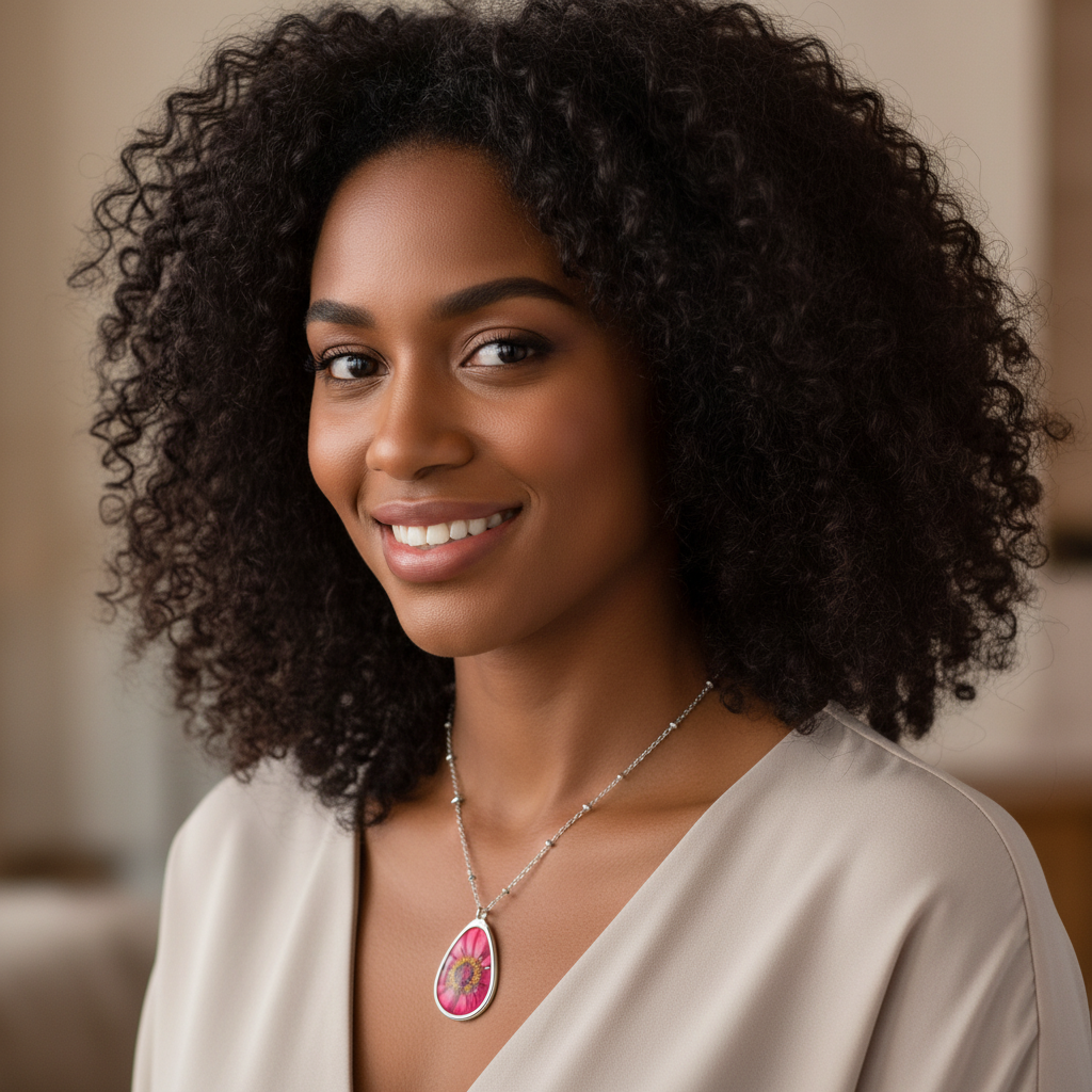 Oval Floral Pendant Necklace — Pink Daisy Teardrop Necklace